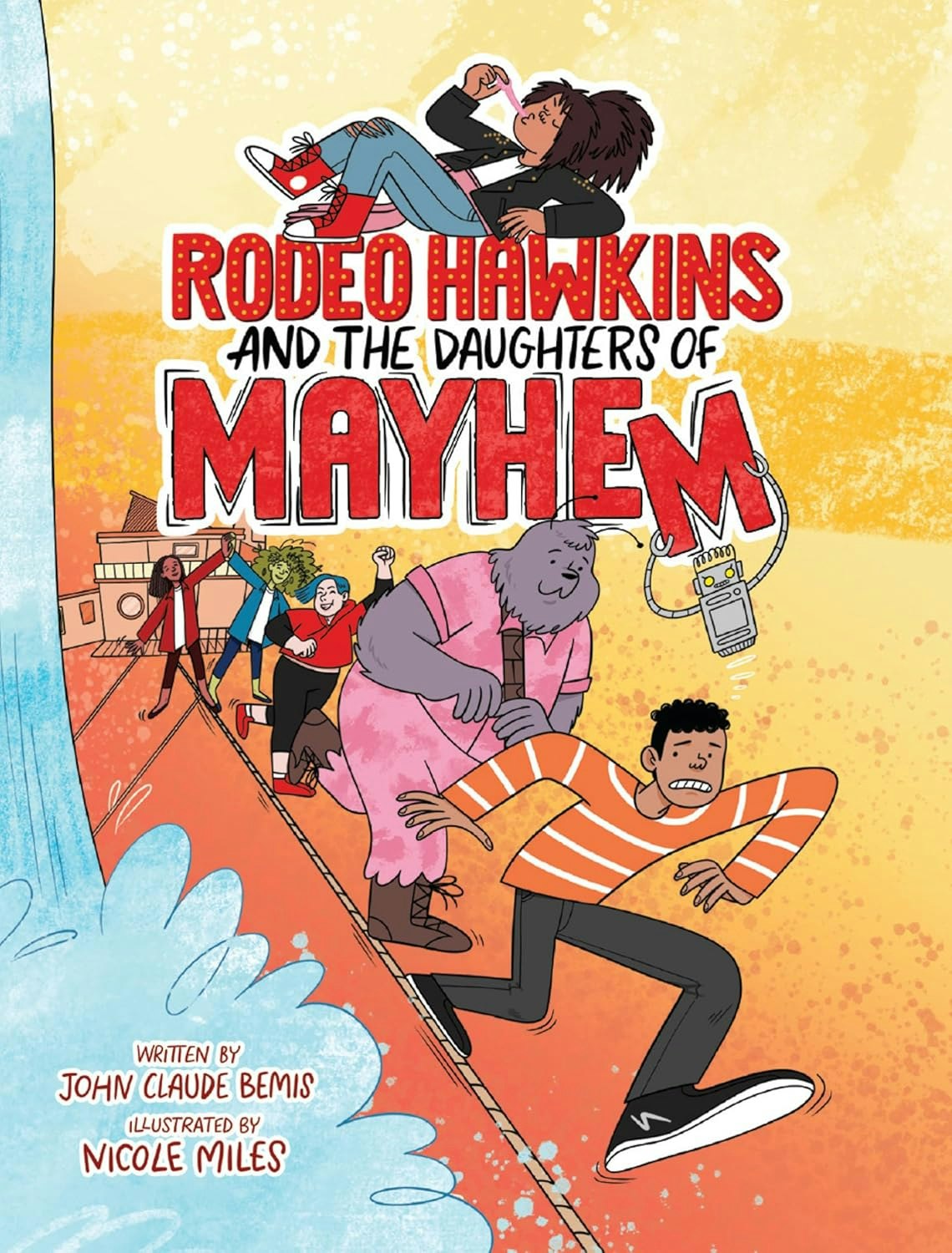 The image features a colorful book cover titled "Rodeo Hawkins and the Daughters of Mayhem," illustrated in a fun, cartoonish style.
