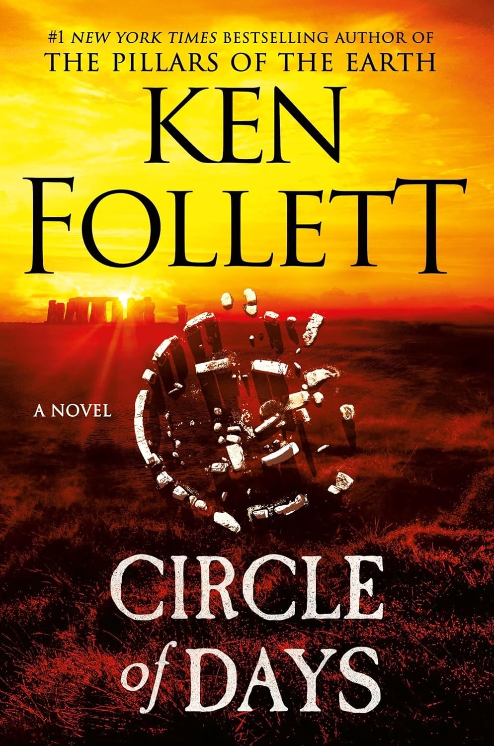 The image features the book cover for "Circle of Days" by Ken Follett, showcasing a dramatic sunset and ancient stone structures.