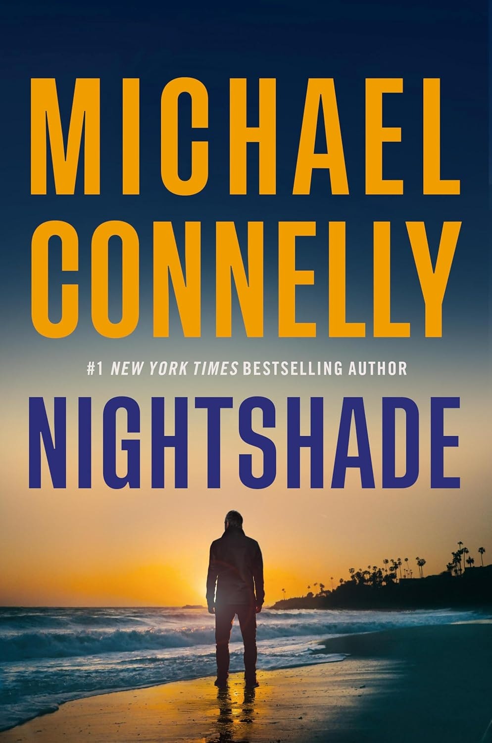 Book cover with "Michael Connelly" and "Nightshade" text, person on beach at sunset.