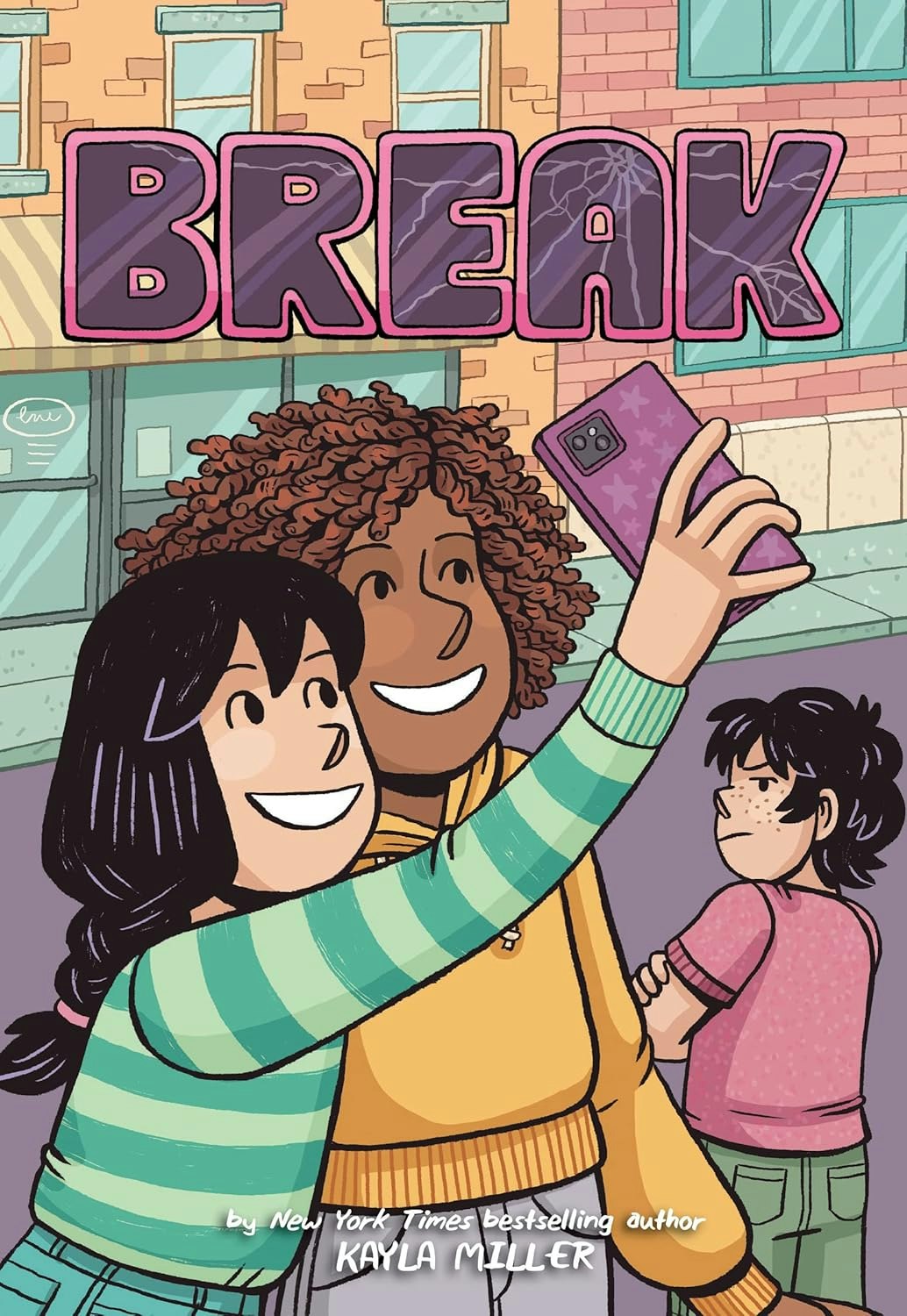 Two people taking a selfie, while another person in the background looks on. The word "BREAK" is displayed.