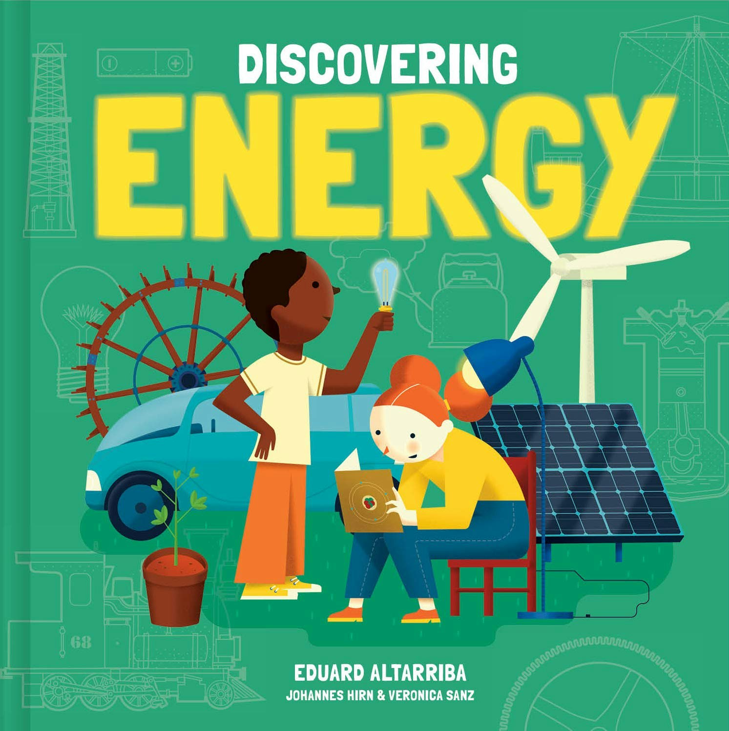 The image features a colorful book cover titled "Discovering Energy," showcasing children exploring various energy sources like solar and wind.