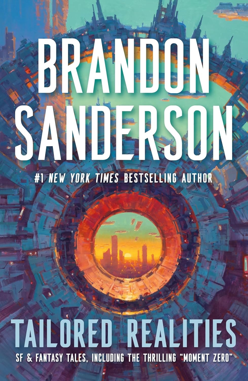 The image features the book "Tailored Realities" by Brandon Sanderson, showcasing sci-fi and fantasy themes.