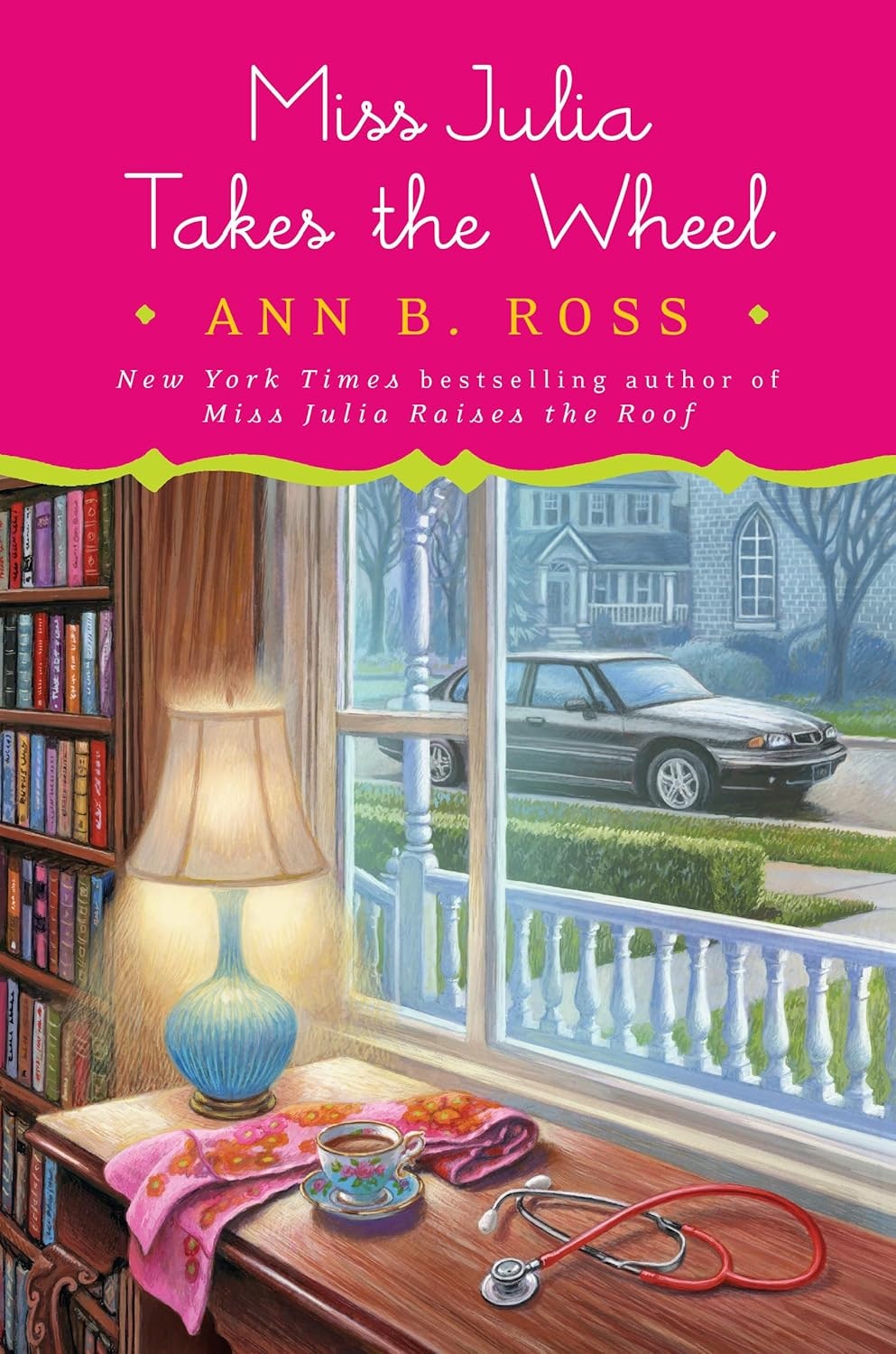 The image features the book cover of "Miss Julia Takes the Wheel" by Ann B. Ross, with a cozy interior scene and a car outside.