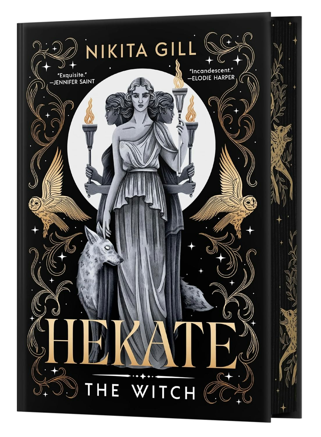 The image features the book "Hekate: The Witch" by Nikita Gill, showcasing a striking cover design with symbolic artwork.