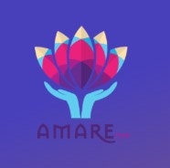The image features a stylized lotus flower above two hands, with the word "AMARE" beneath it, set against a gradient purple background.