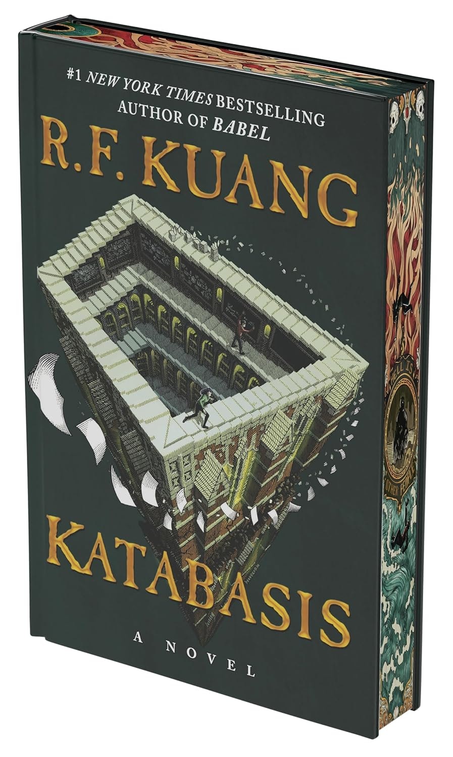The image shows the book "Katabasis" by R.F. Kuang, featuring a unique cover design with an intricate illustration.