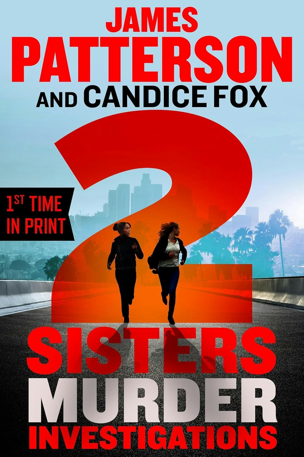 Book cover: "2 Sisters: Murder Investigations" by James Patterson and Candice Fox. Two women running, cityscape backdrop.
