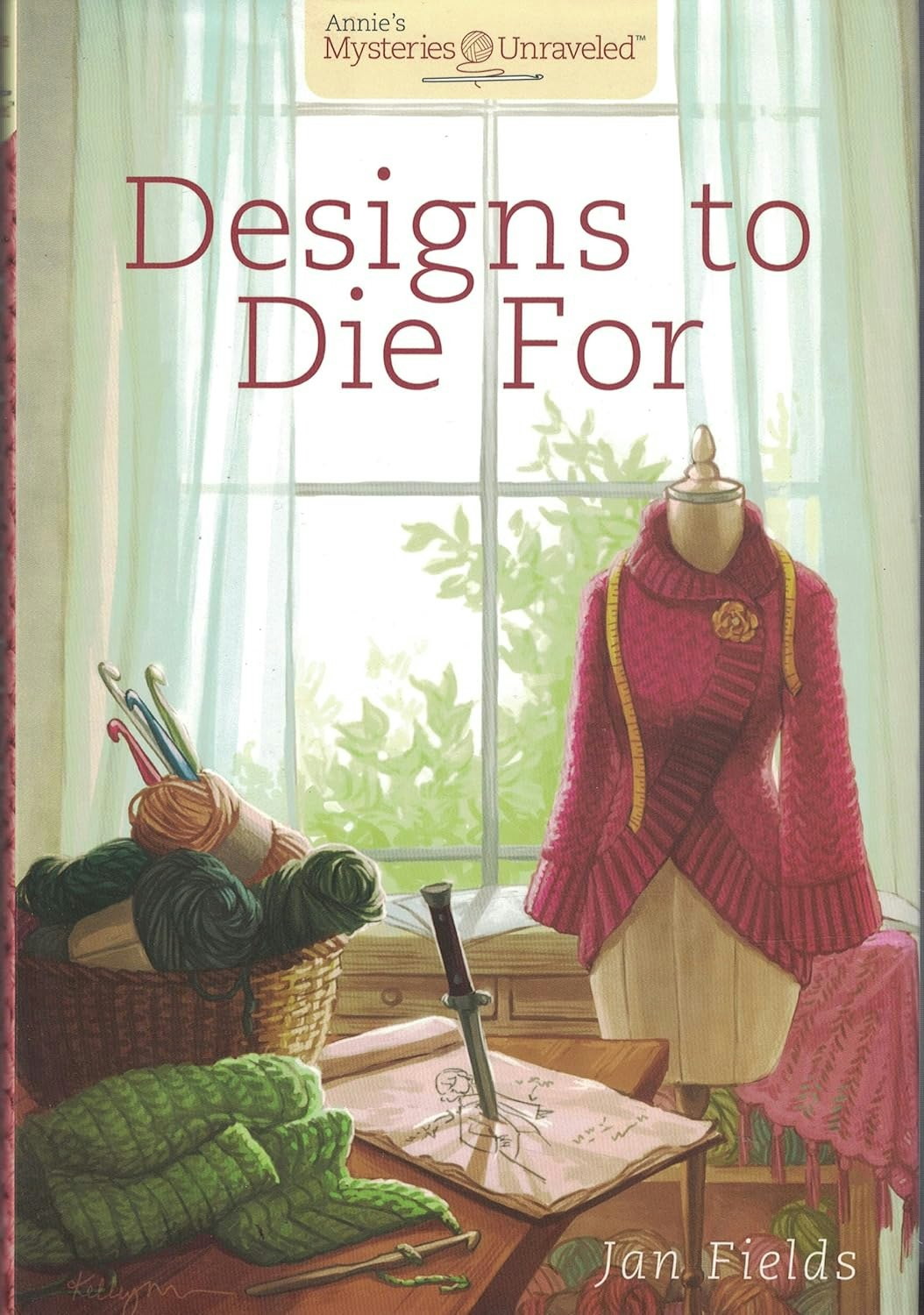 The image features the cover of "Designs to Die For," showcasing knitting supplies and a red sweater on a mannequin.