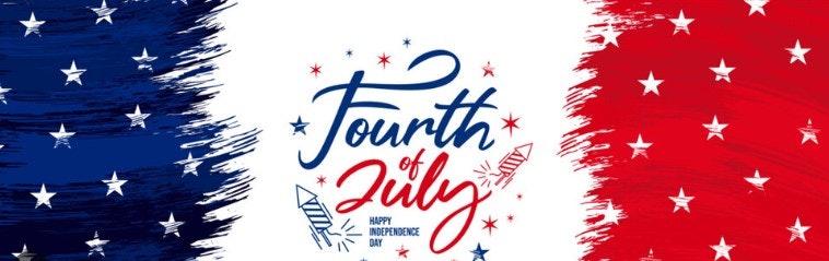 "Fourth of July" text with fireworks, stars, and a red, white, and blue theme for Independence Day celebration.