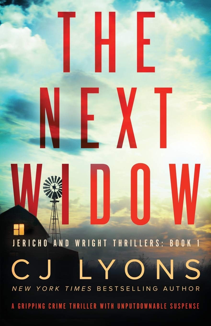 The image features the book cover for "The Next Widow" by CJ Lyons, a thriller with suspense and crime themes.