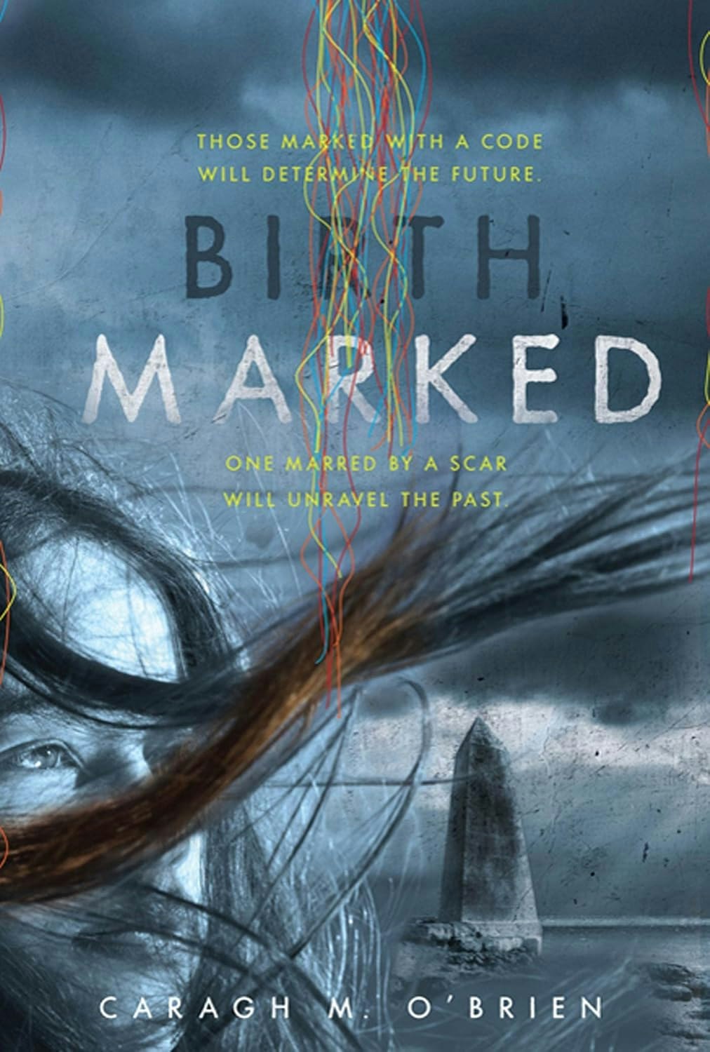 Book cover titled "Birthmarked" by Caragh M. O'Brien, features a mysterious cloudy scene.