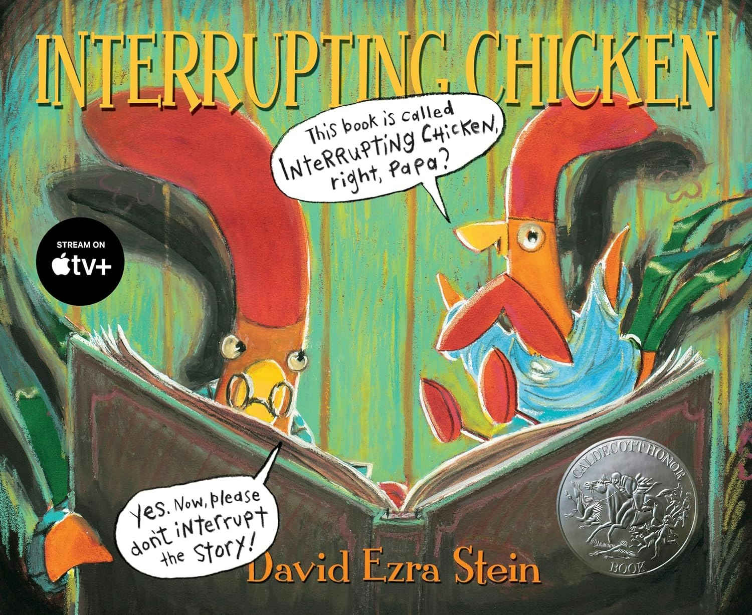 Illustration of two chickens reading a book. Speech bubbles show a humorous interaction about interrupting. Title: "Interrupting Chicken."