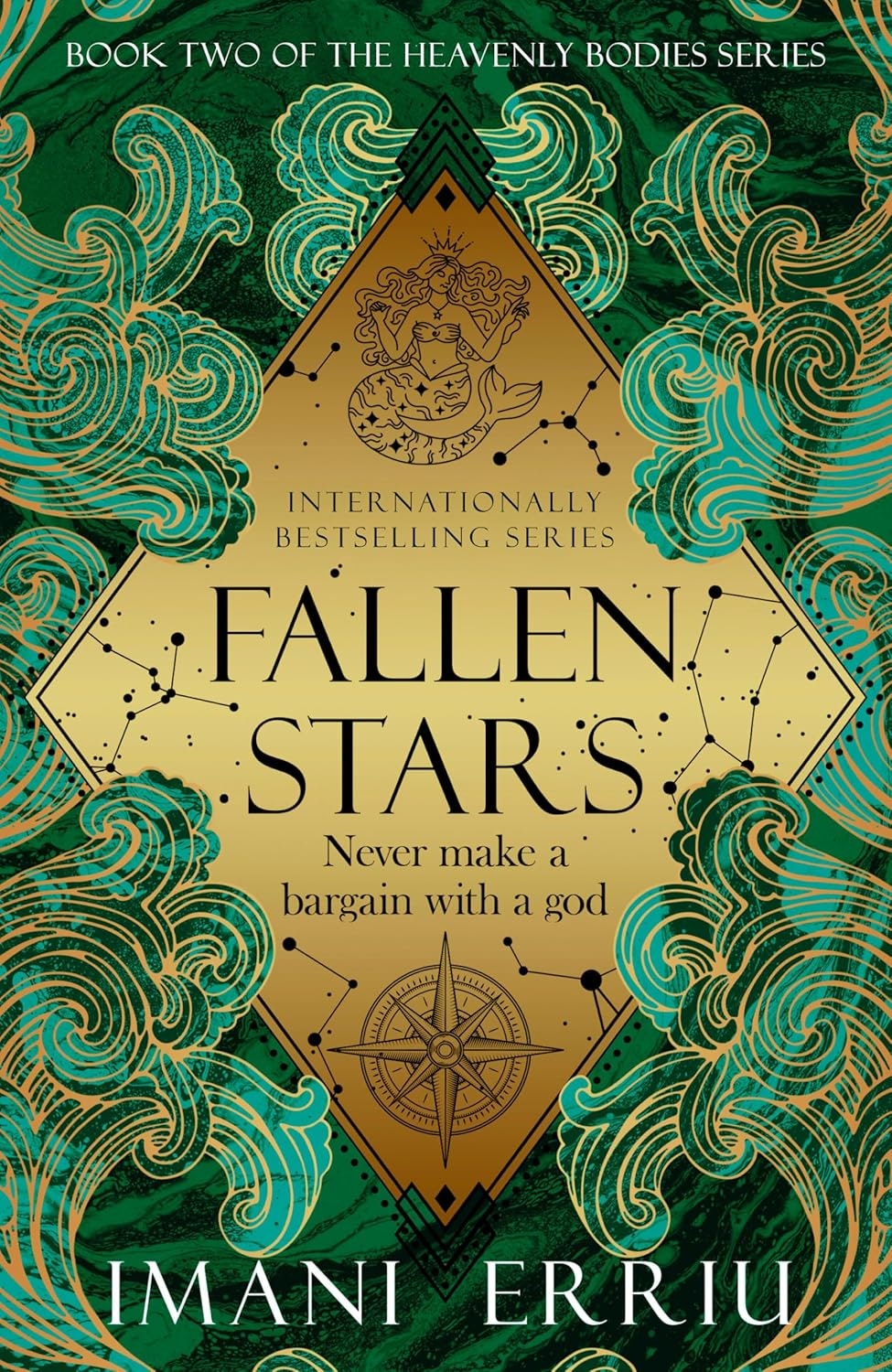 The image features the book cover for "Fallen Stars" by Imani Errui, part of the Heavenly Bodies series, warning against godly bargains.
