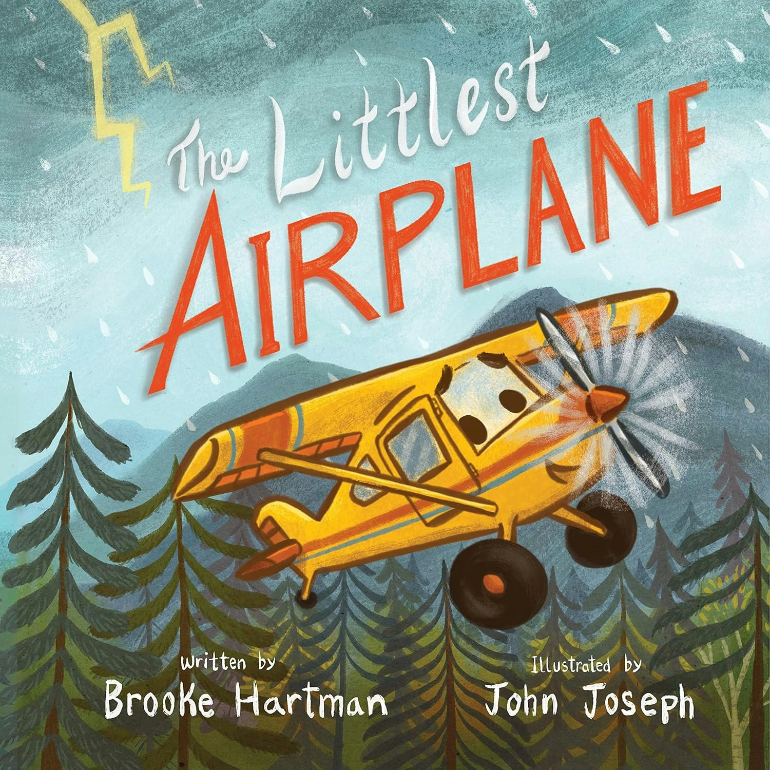 Children's book cover: "The Littlest Airplane" shows a cartoon yellow plane flying through a stormy sky above a forest.