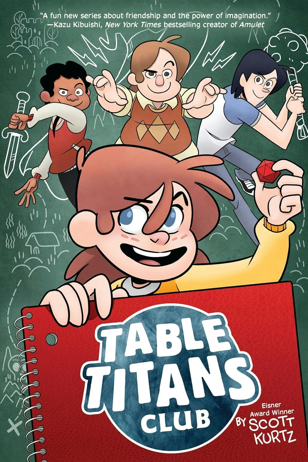 Comic-style characters holding a book titled "Table Titans Club" by Scott Kurtz.