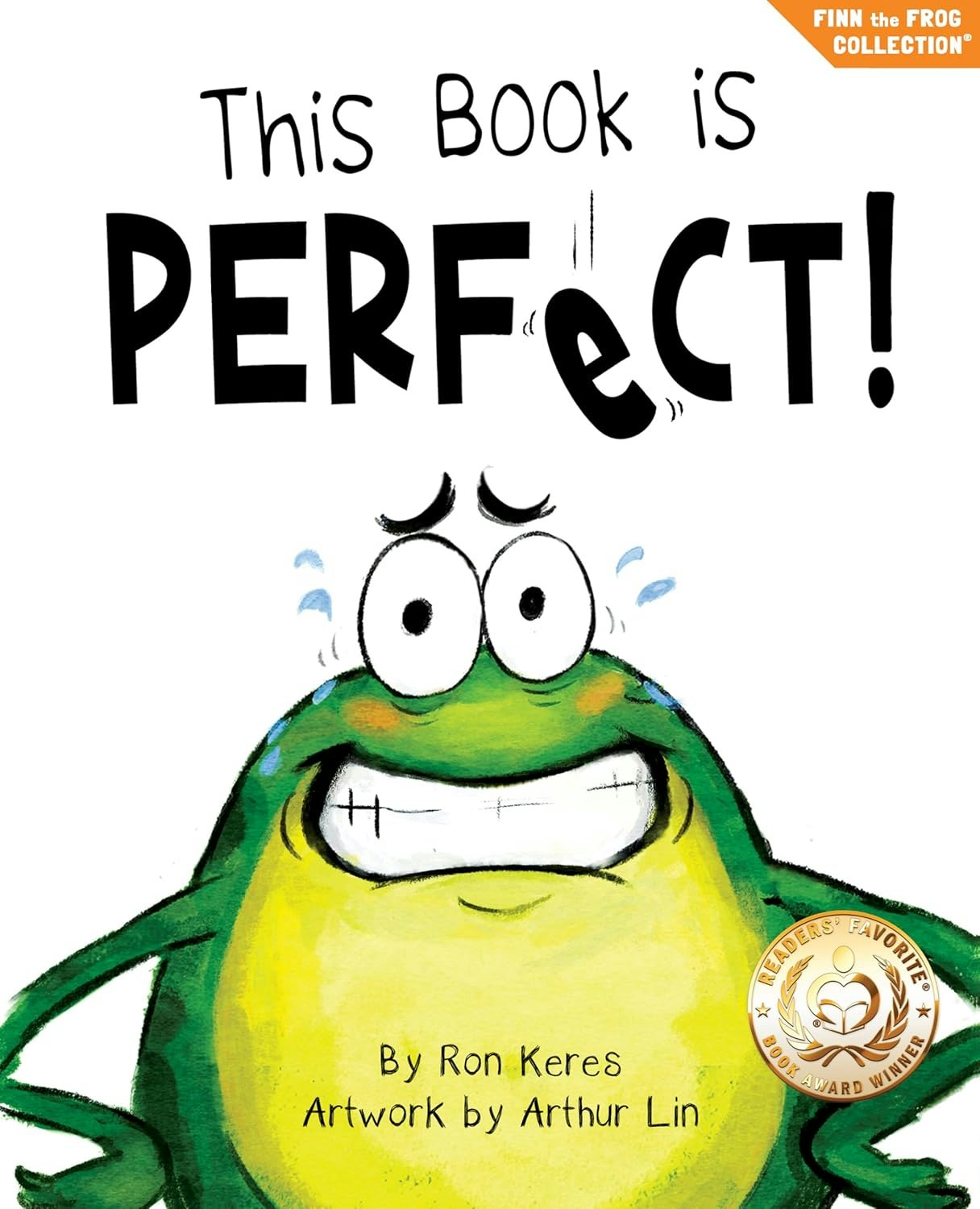 The image features a children's book titled "This Book is PERFECT!" with a cartoon frog character, authored by Ron Keres and illustrated by Arthur Lin.