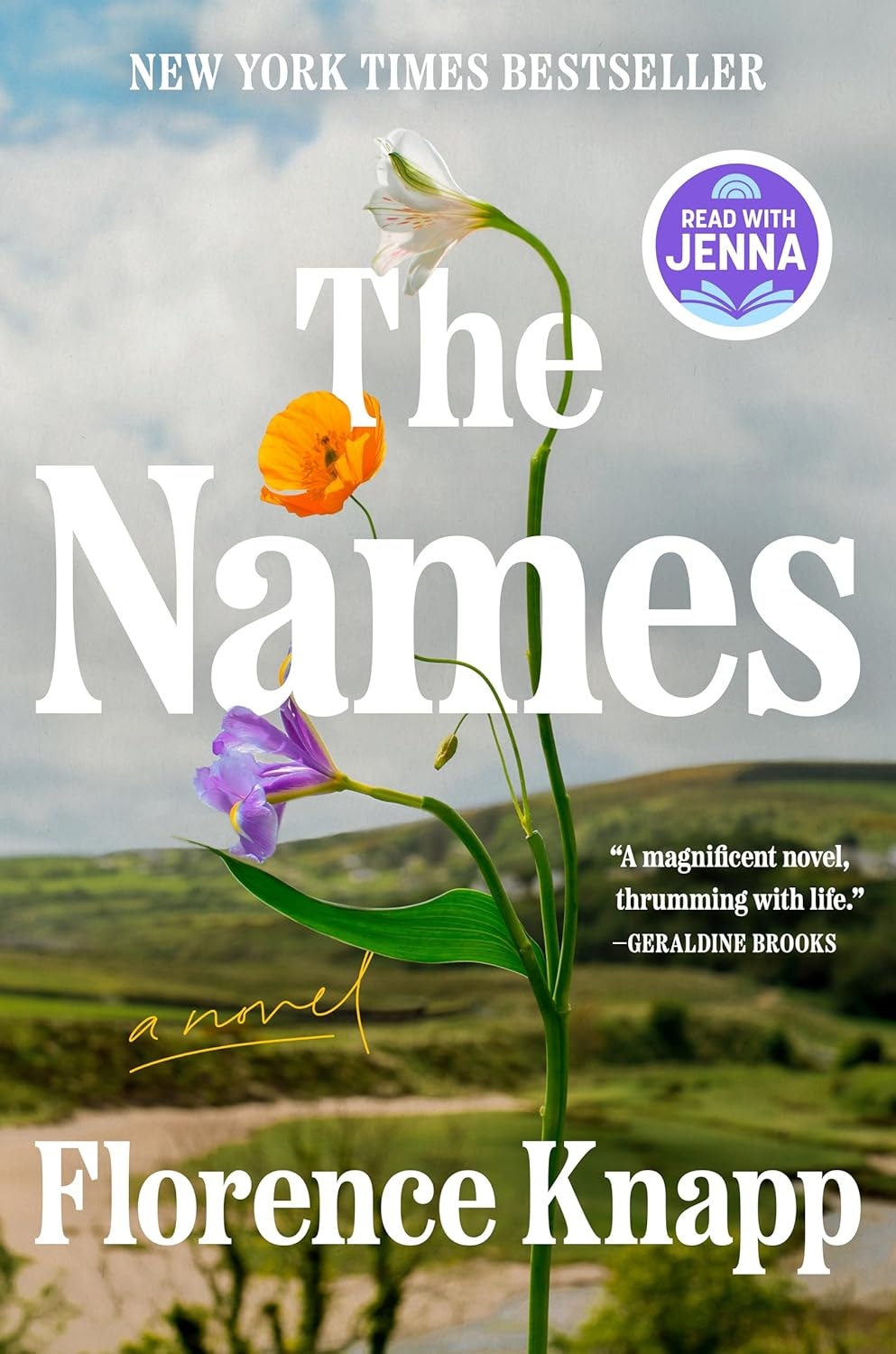 Book cover: "The Names" by Florence Knapp. Features flowers, "Read with Jenna" sticker, and praise quote.