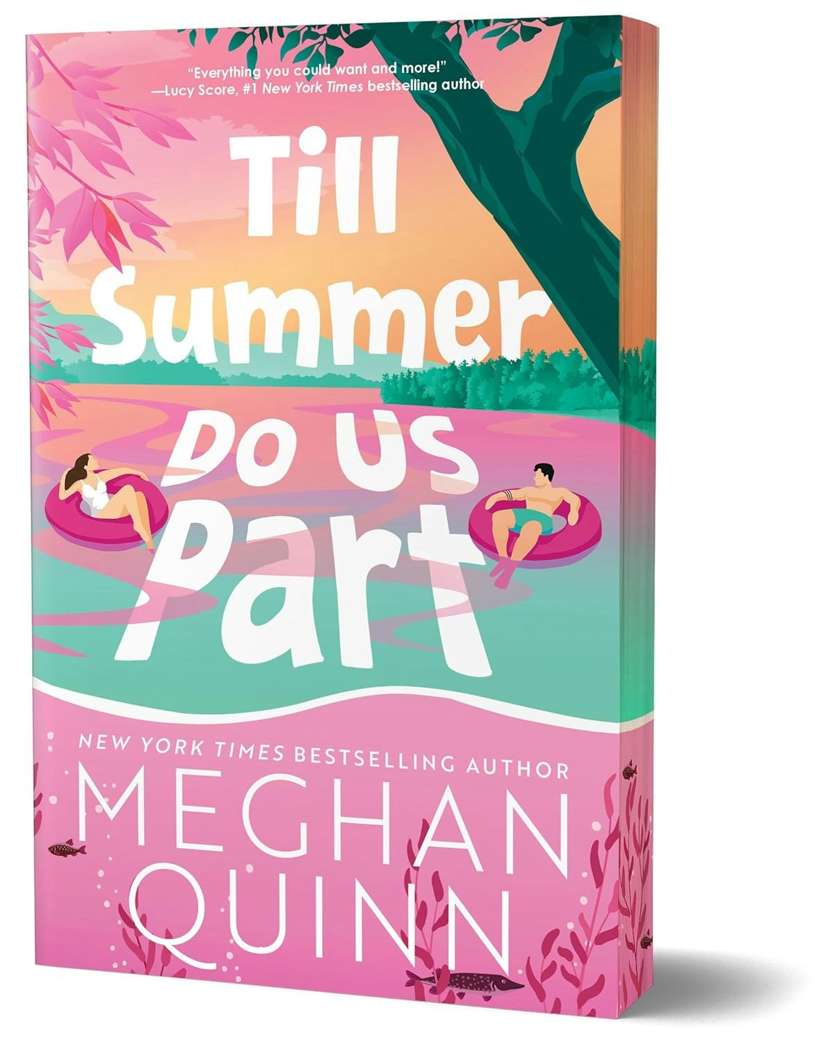 Book cover: "Till Summer Do Us Part" by Meghan Quinn. Features two people on pink pool floats in a colorful, illustrated scene.