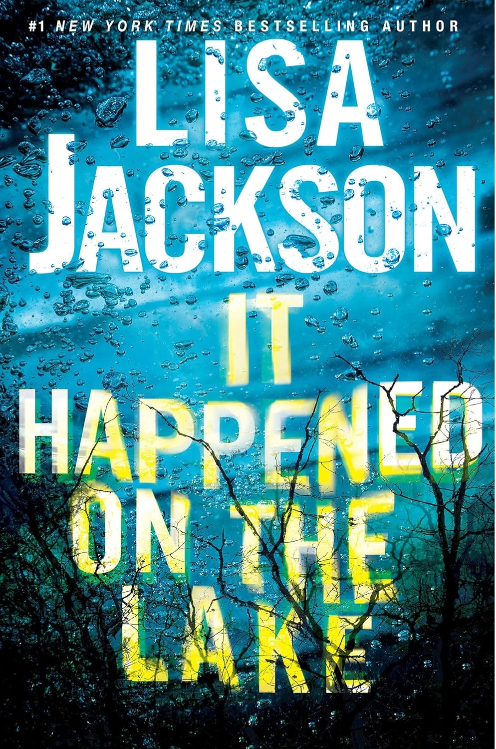 The image shows a book cover titled "It Happened on the Lake" by Lisa Jackson, featuring a blue water background and bubbles.