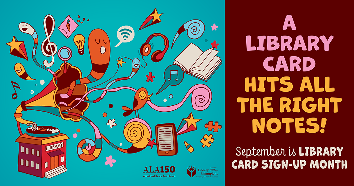 The image promotes Library Card Sign-up Month in September, using musical and colorful graphics to celebrate the benefits of library cards.