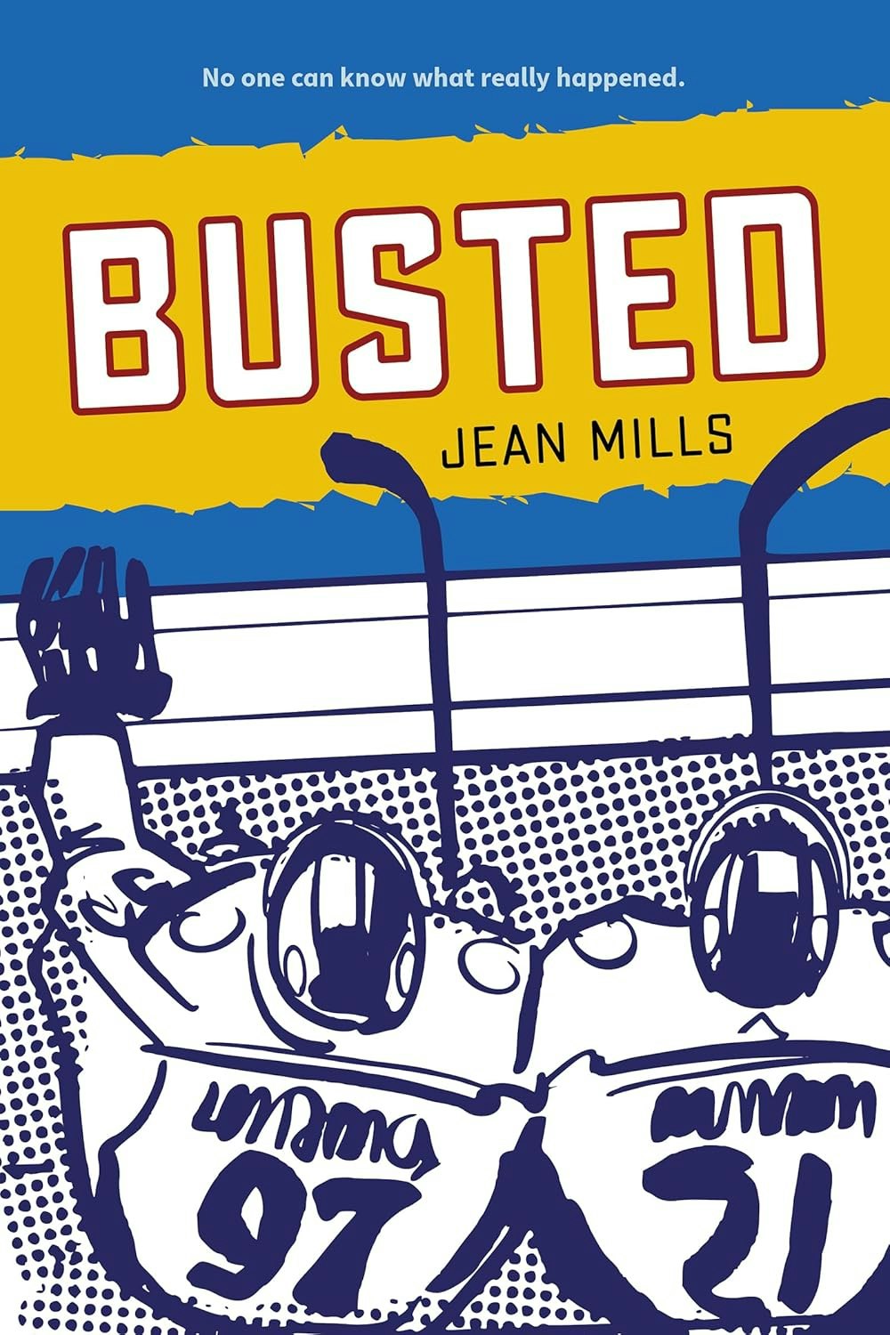 The image features the book cover of "Busted" by Jean Mills, depicting hockey players with the tagline about unknown truths.
