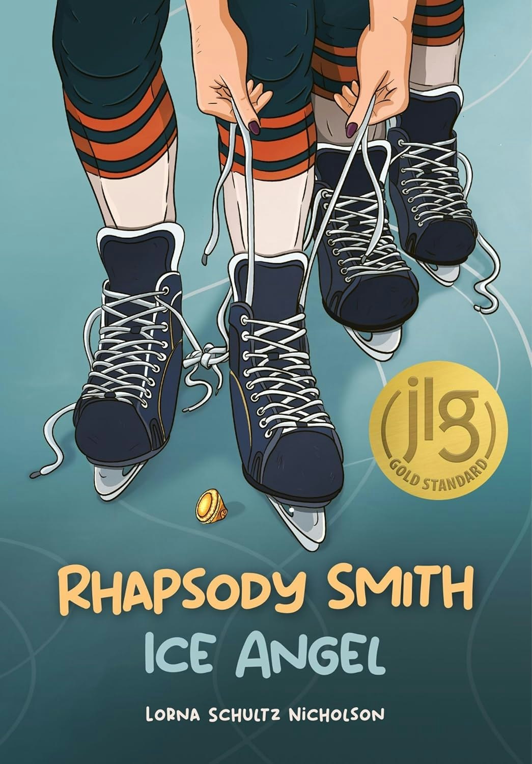 The image features a book cover titled "Rhapsody Smith: Ice Angel," showing skates being laced, with a gold ring beneath them.