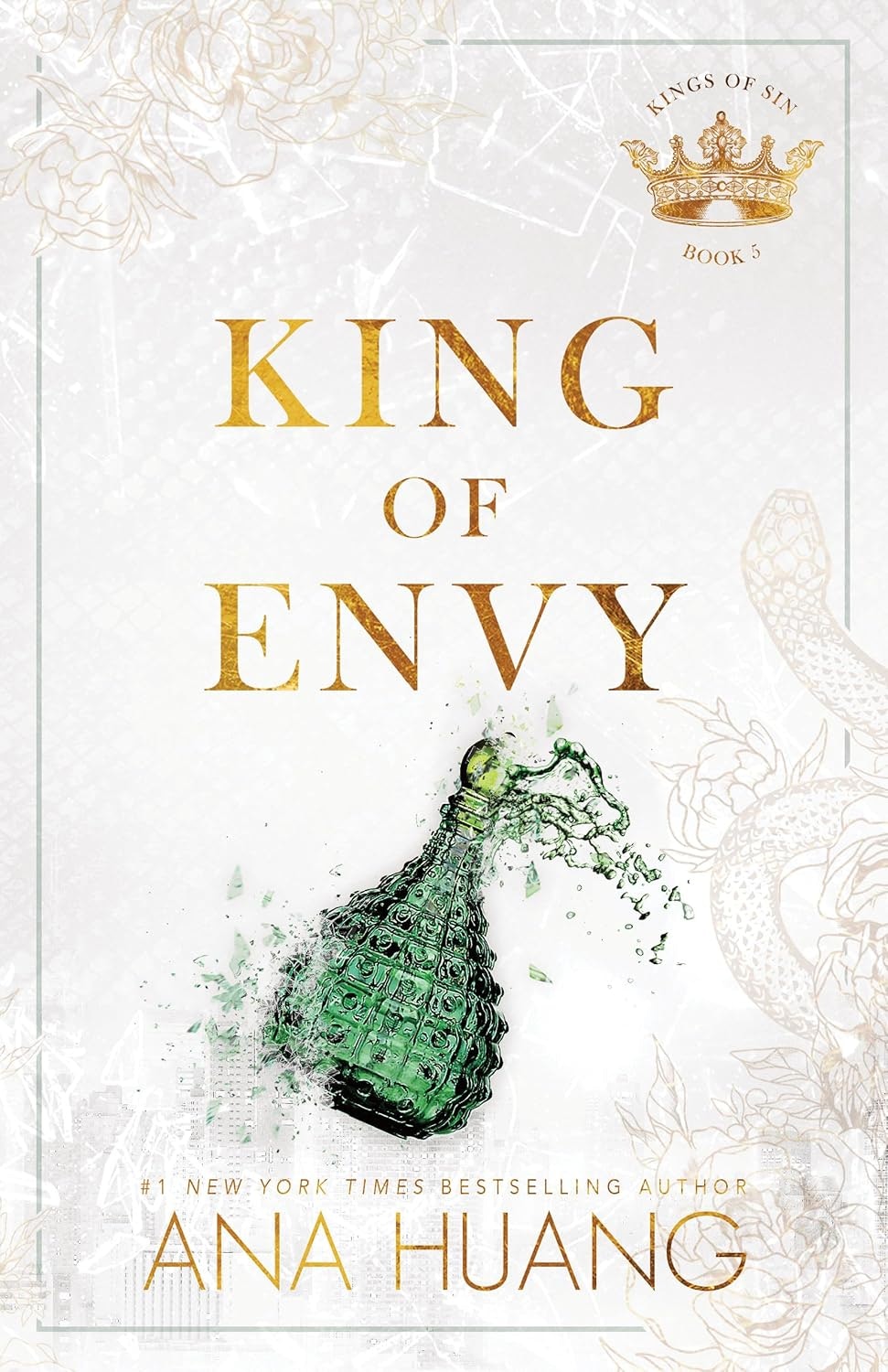 "King of Envy" book cover by Ana Huang, featuring a green bottle splash and decorative elements. Book 5 in the Kings of Sin series.