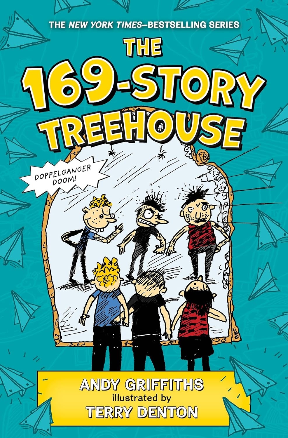 Book cover of "The 169-Story Treehouse" with cartoon characters and "Doppelganger Doom!" text.