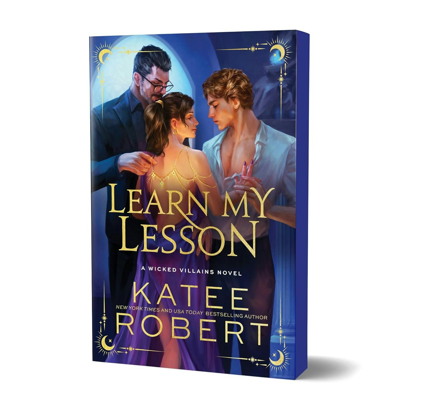 Book cover: "Learn My Lesson" by Katee Robert, features three people in an intimate setting with elegant gold and blue design elements.