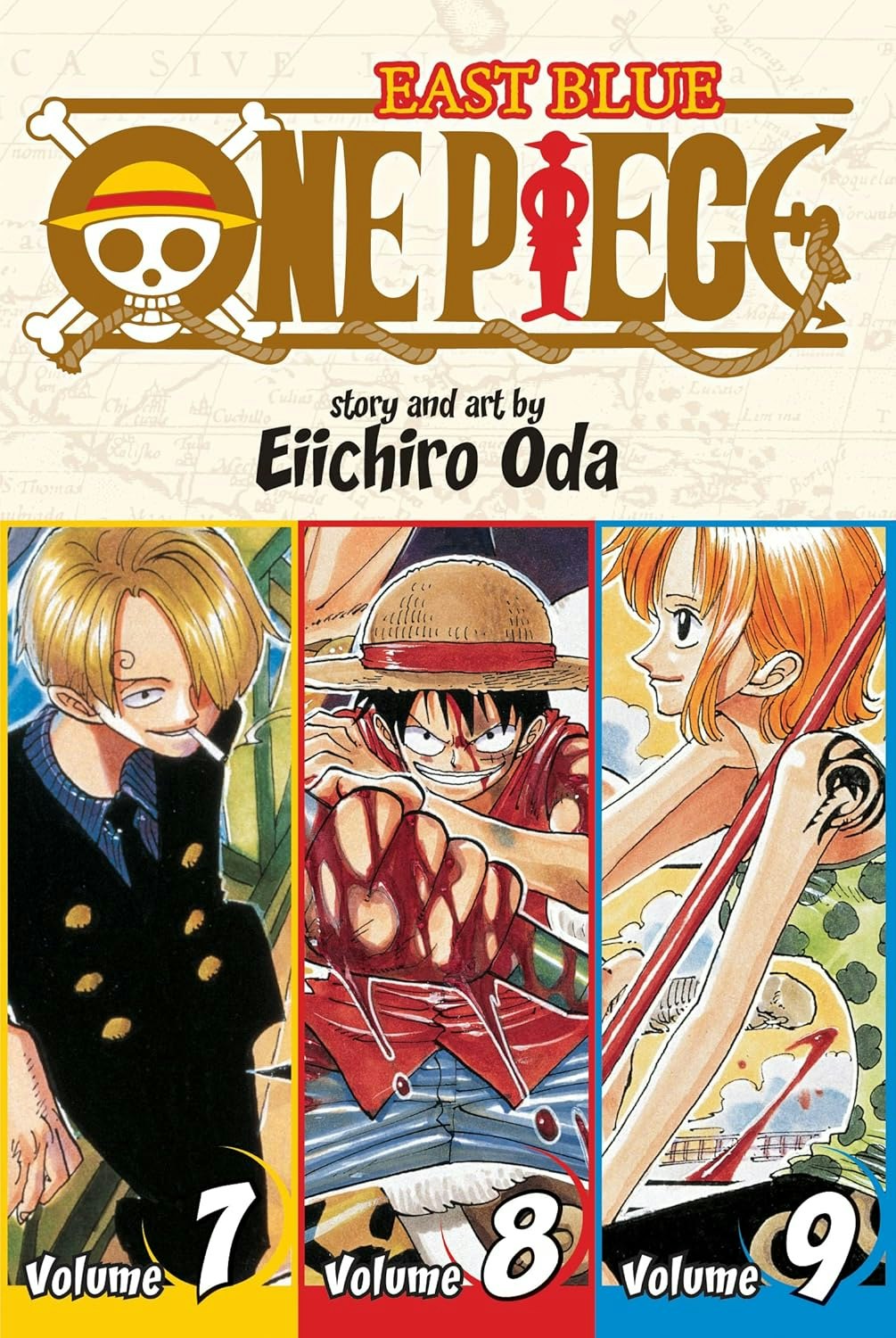 The image features volumes 7, 8, and 9 of the manga "One Piece" by Eiichiro Oda, set in the East Blue arc.