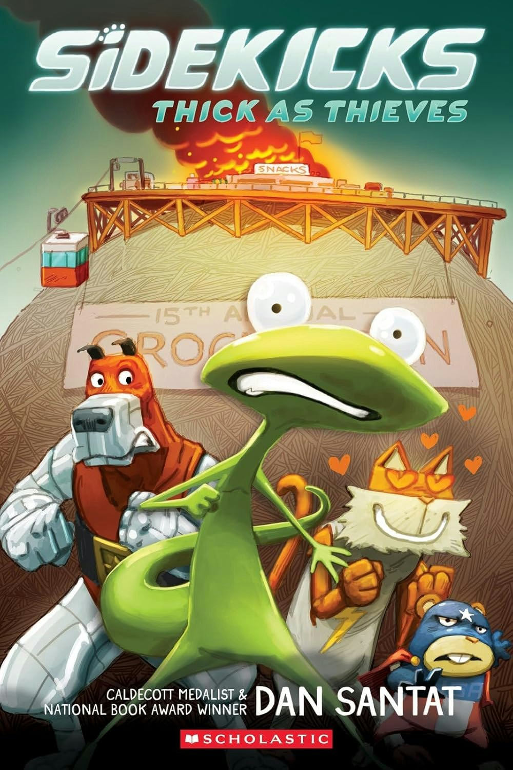 The image features the cover of "Sidekicks: Thick as Thieves" by Dan Santat, showcasing colorful animal characters in a vibrant setting.