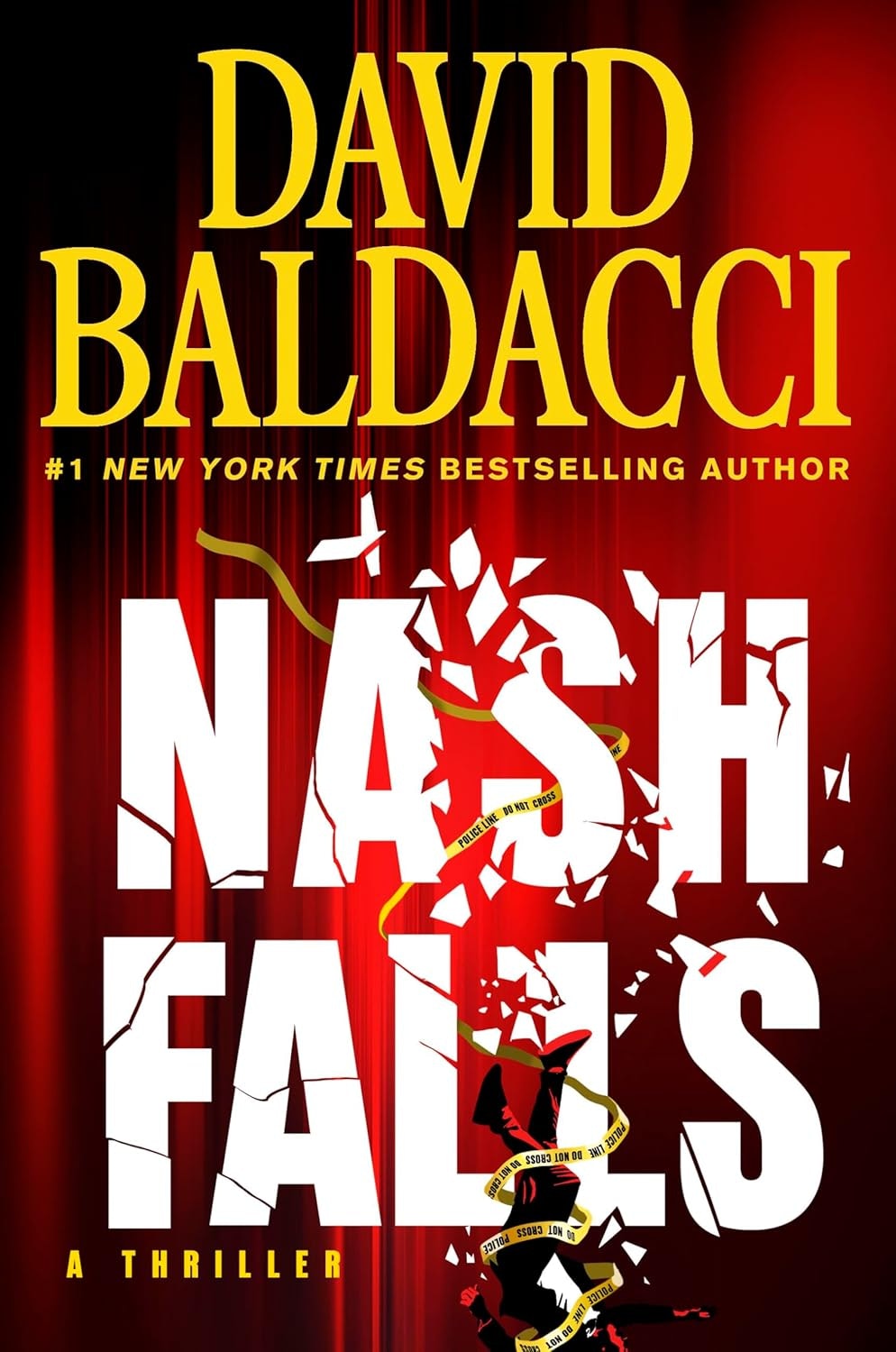 The image features the book cover of "Nash Falls," a thriller by David Baldacci, with bold text and a dramatic background.