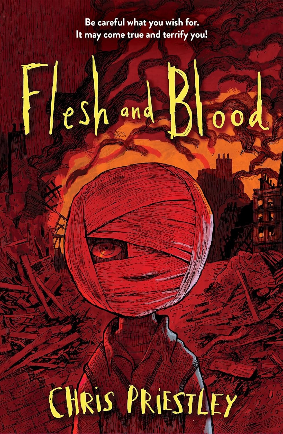 A book cover titled "Flesh and Blood" by Chris Priestley, featuring a bandaged figure with one eye visible, against a fiery, apocalyptic backdrop.