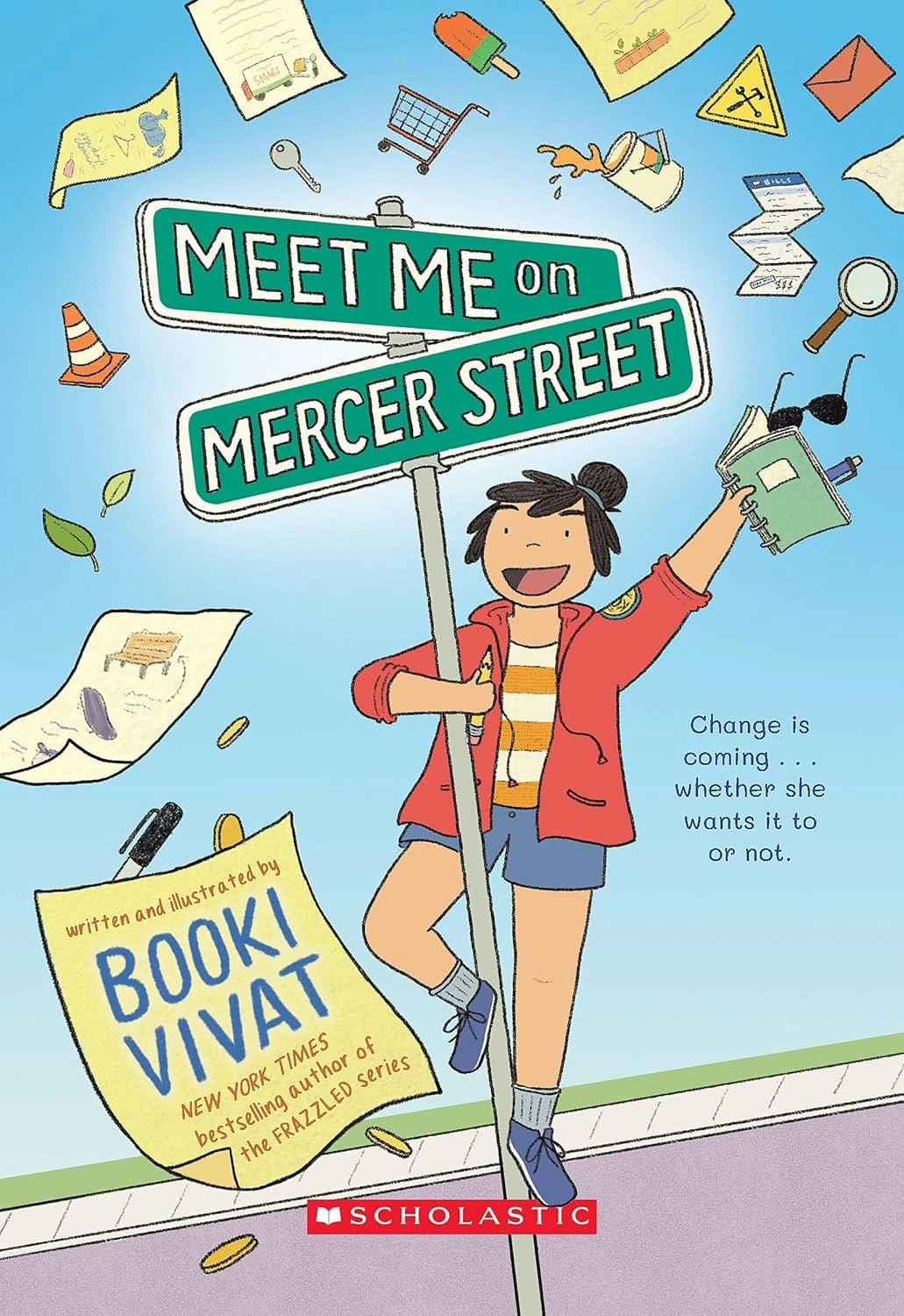 Illustrated cover of "Meet Me on Mercer Street" by Booki Vivat features a cheerful girl, street signs, and flying objects.