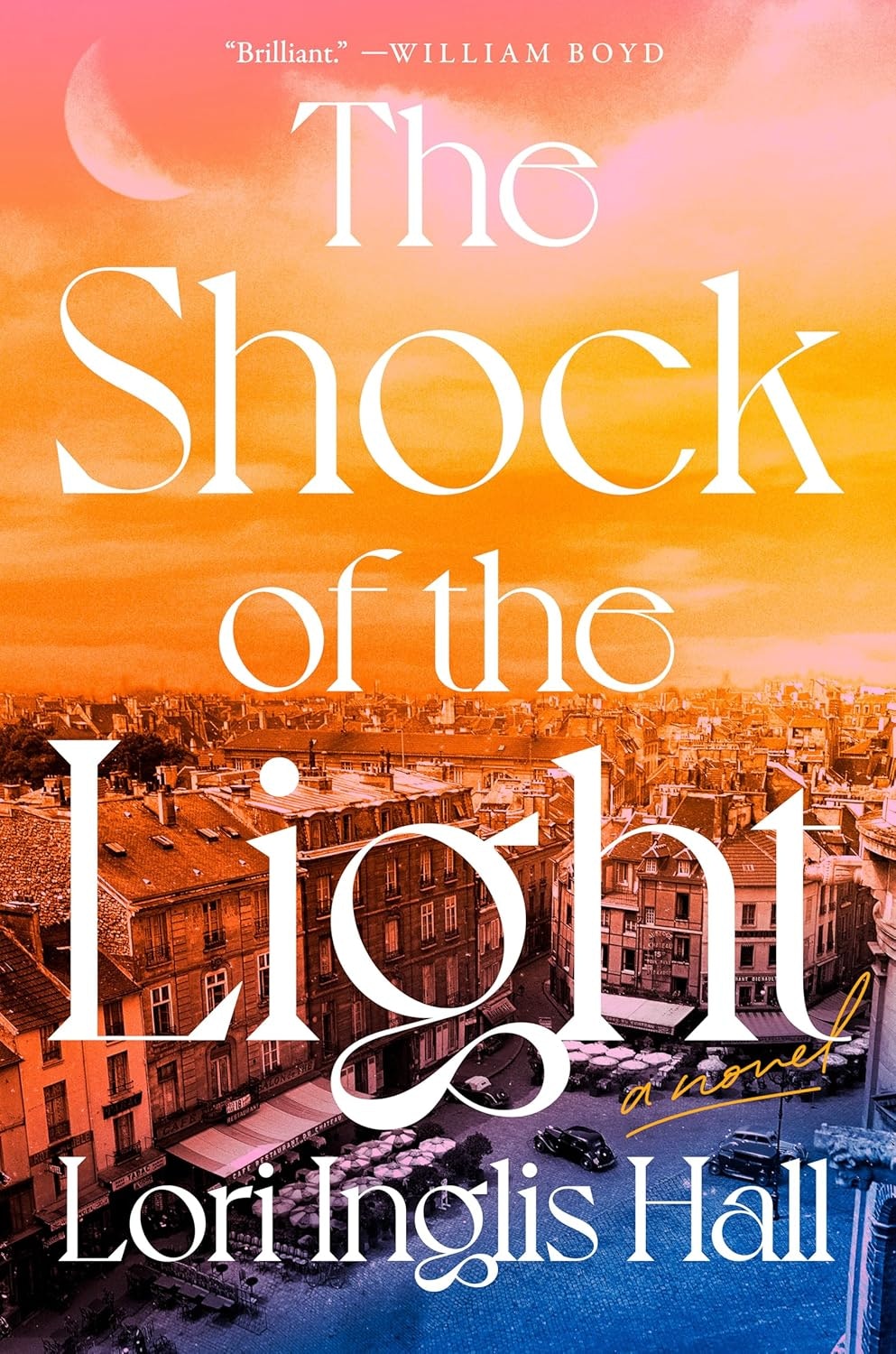 The image features the book cover of "The Shock of the Light" by Lori Inglis Hall, with a colorful sunset background.
