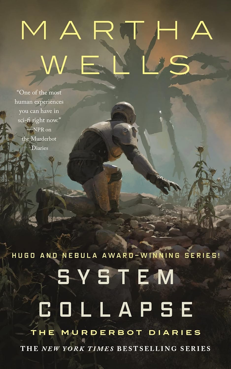 The image is the cover of "System Collapse" by Martha Wells, part of the Murderbot Diaries series, featuring a robot and a giant creature.