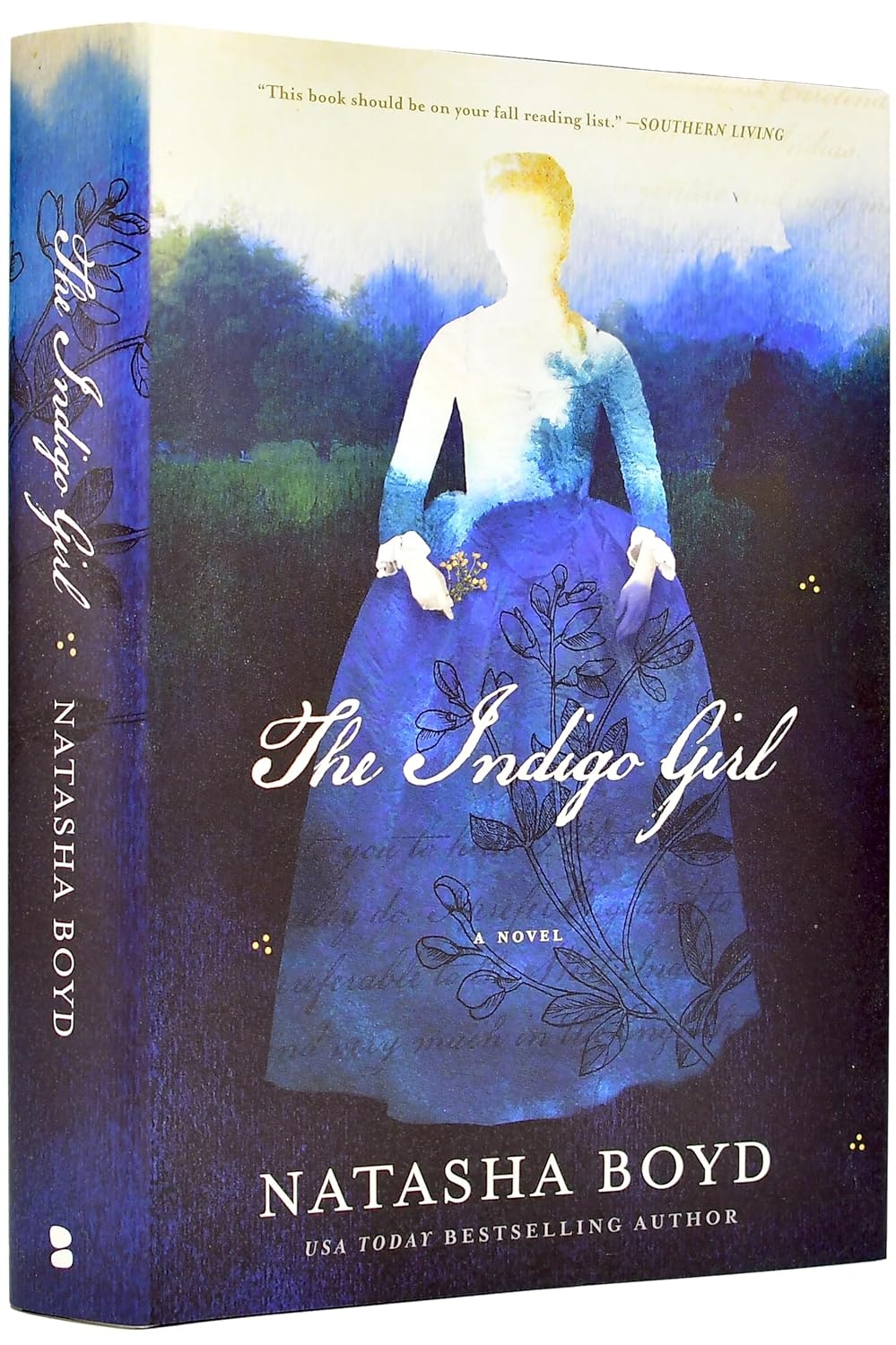 Book cover: "The Indigo Girl" by Natasha Boyd, featuring a watercolor figure with a quote from Southern Living.