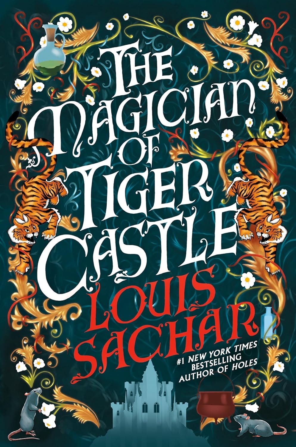 The image features the cover of "The Magician of Tiger Castle" by Louis Sachar, decorated with tigers, flowers, and a castle.