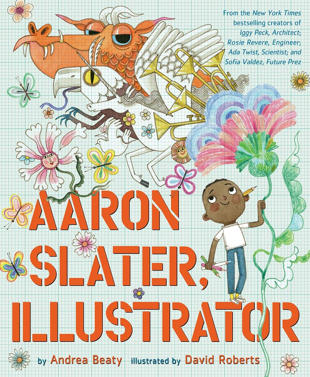 Colorful, imaginative illustration with flowers, animals, and a happy child holding a pencil, featuring "Aaron Slater, Illustrator" text.