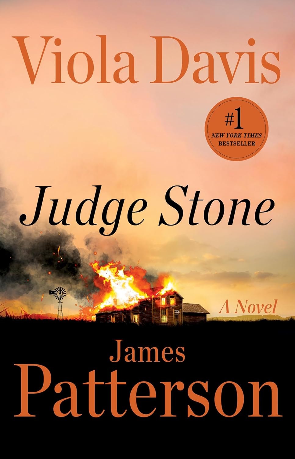 The image features the book cover for "Judge Stone," co-authored by Viola Davis and James Patterson, highlighting a burning house.