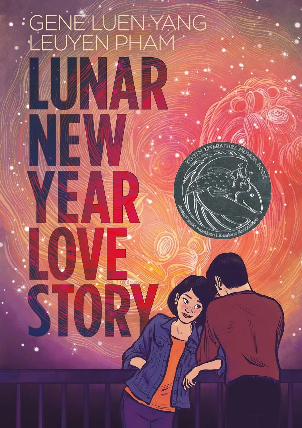 The image features the cover of "Lunar New Year Love Story" by Gene Luen Yang and LeUyen Pham, highlighting a romantic theme.