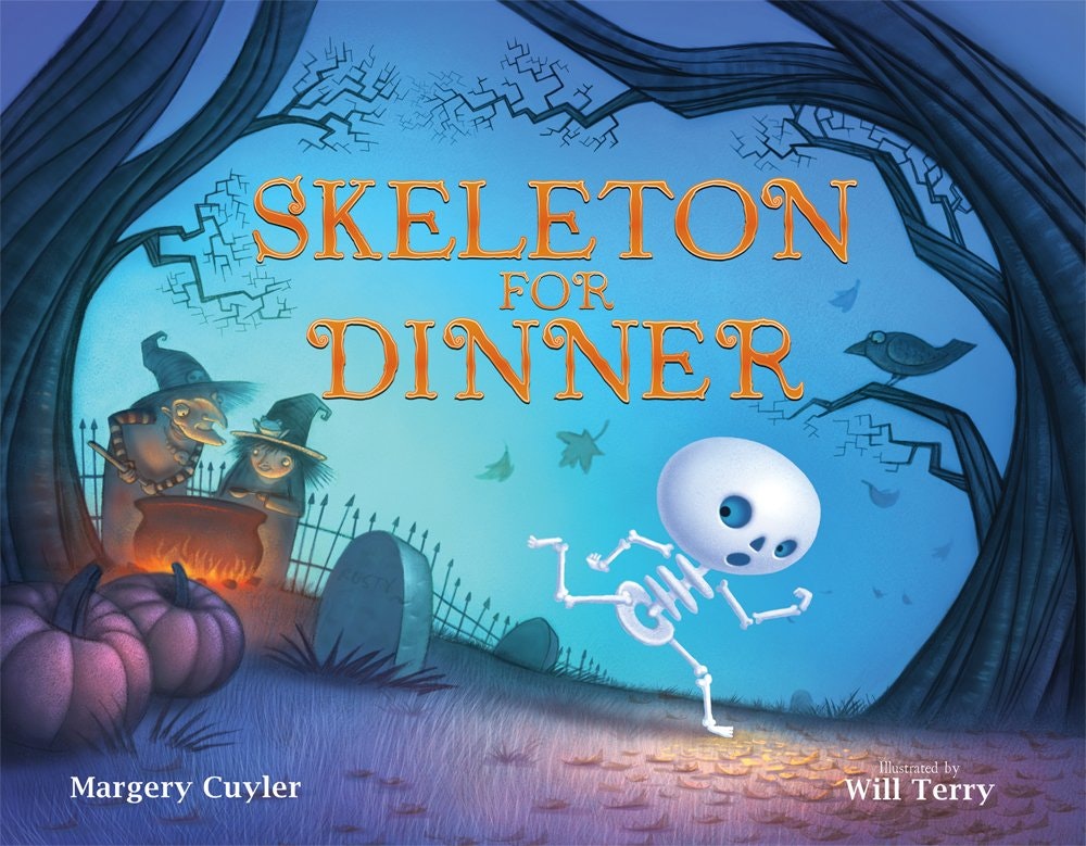 The image features the book "Skeleton for Dinner" by Margery Cuyler, showcasing a playful skeleton and spooky scenery.