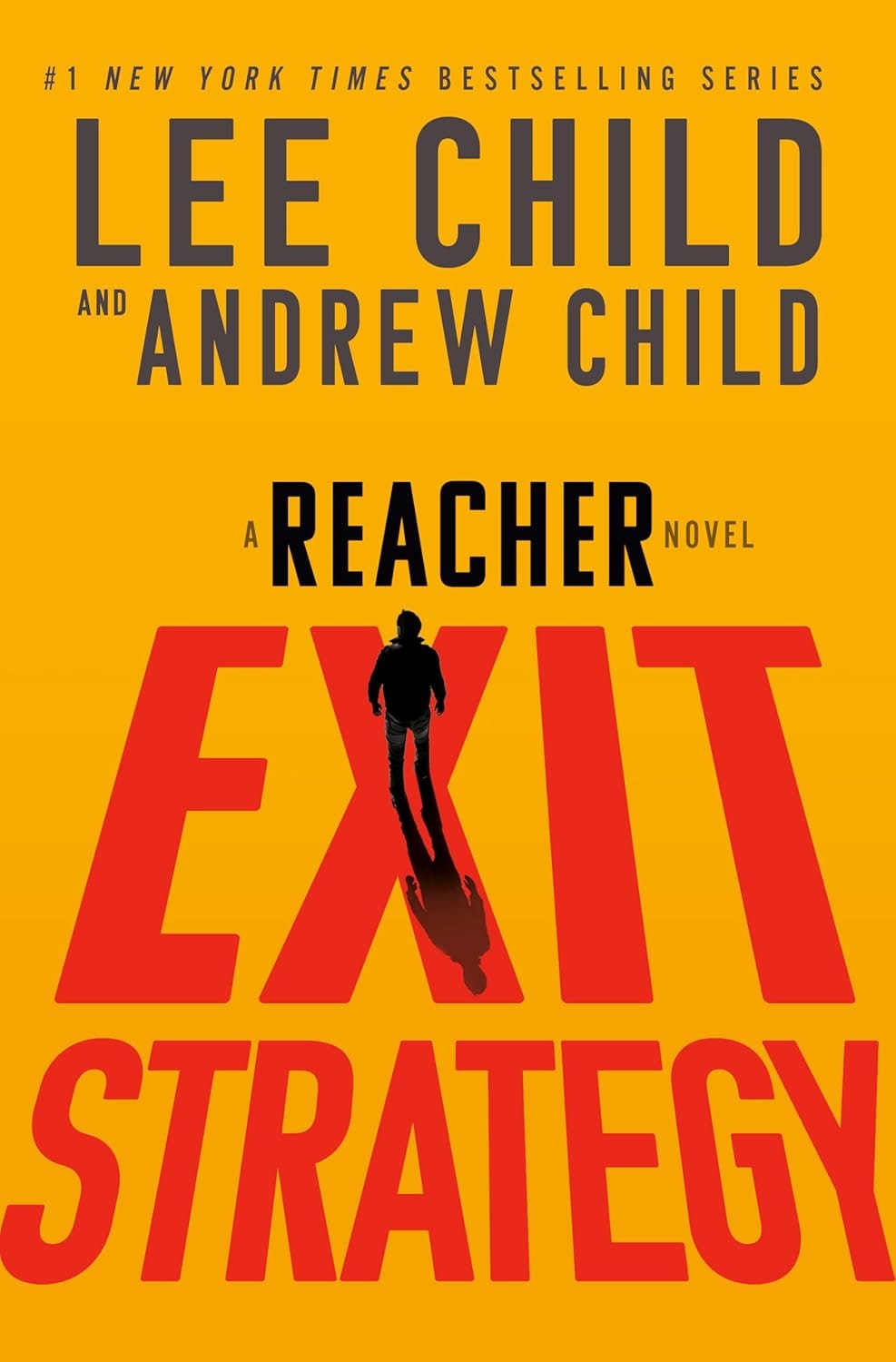 The image features the book cover of "Exit Strategy," a Reacher novel by Lee Child and Andrew Child. Bright colors and bold text dominate.