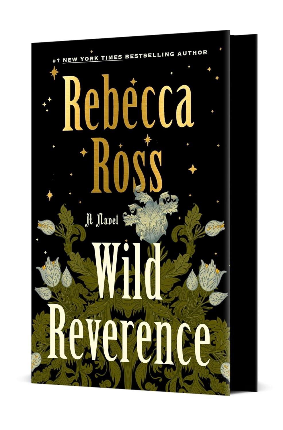 Book cover: "Wild Reverence" by Rebecca Ross, features floral design on black background.