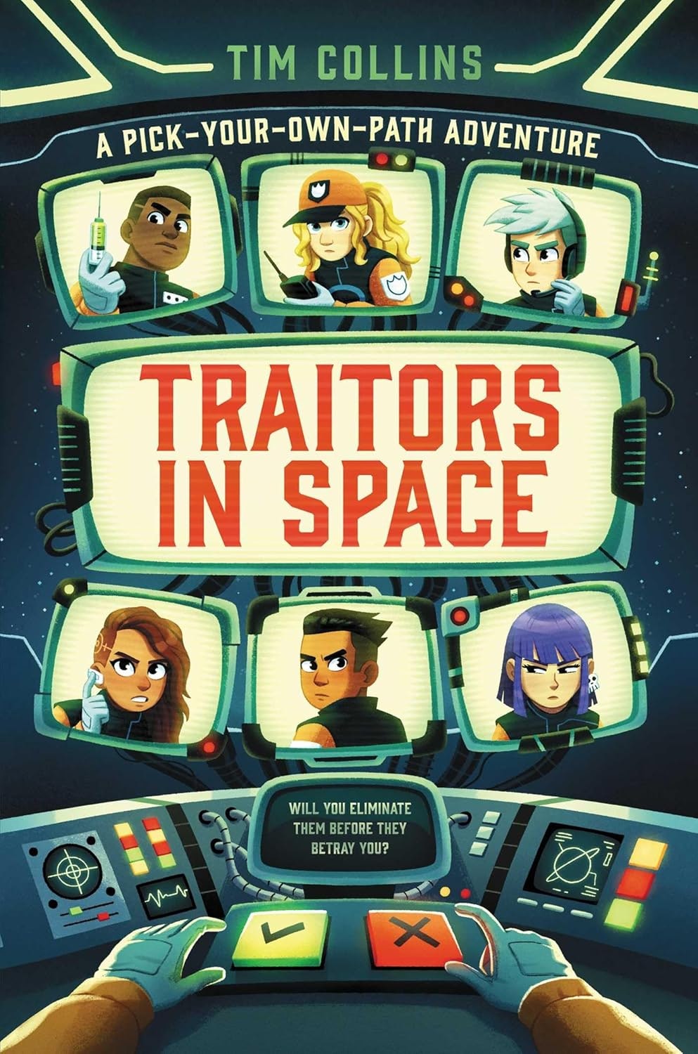A cover of a choose-your-own-adventure book titled "Traitors in Space," featuring characters and a decision-making interface.