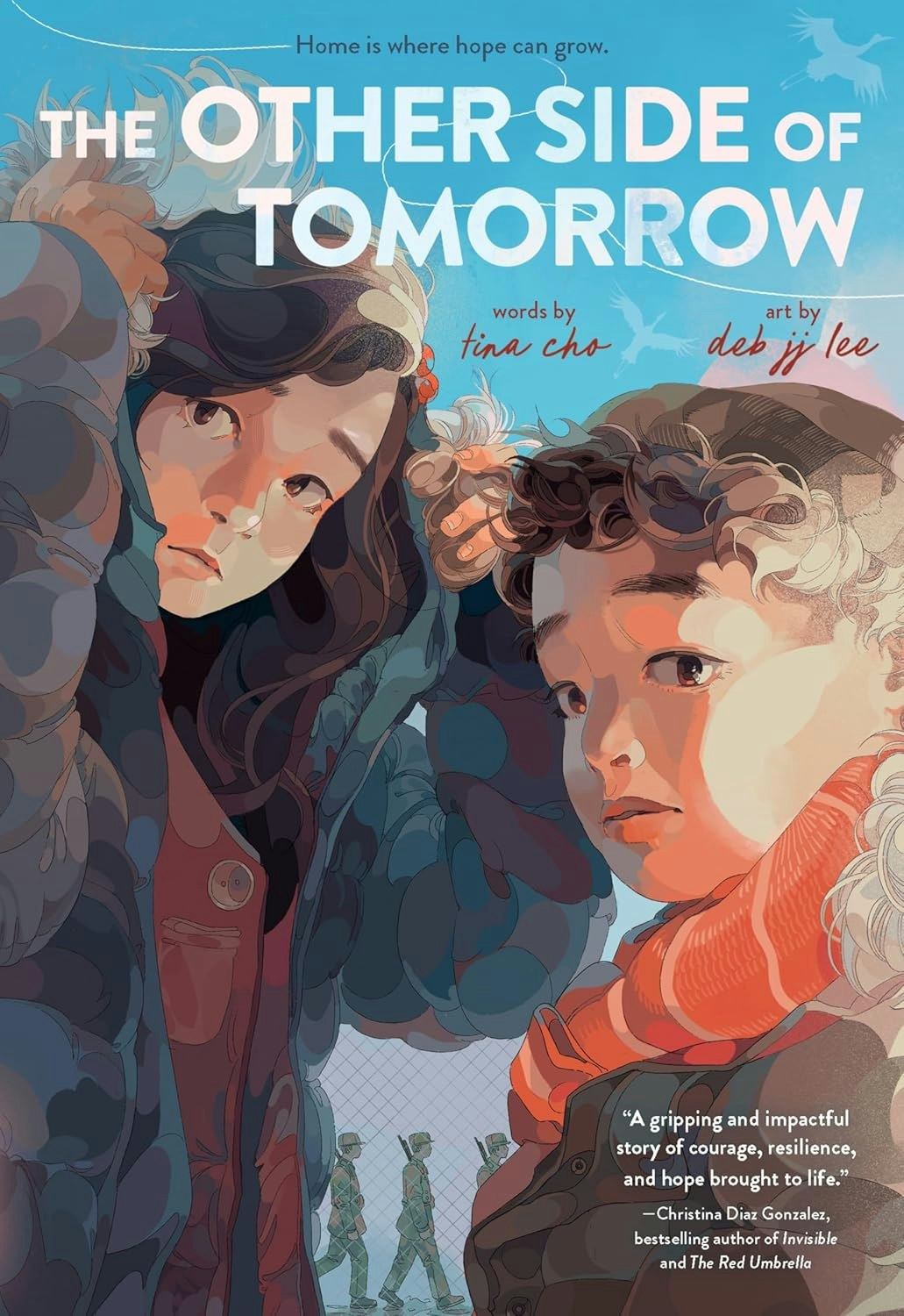 Two children in winter clothing; soldiers in the background. Text: "The Other Side of Tomorrow" by Tina Cho and Deb JJ Lee.