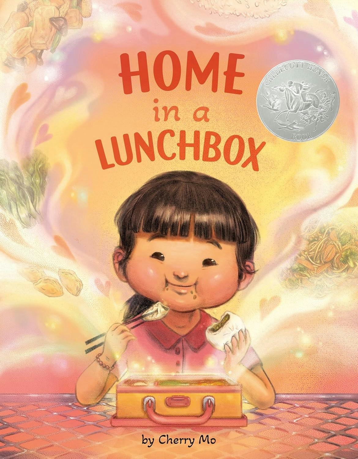 Child eating dumplings, accompanied by a lunchbox and chopsticks. Text: "Home in a Lunchbox" by Cherry Mo. Illustration style.