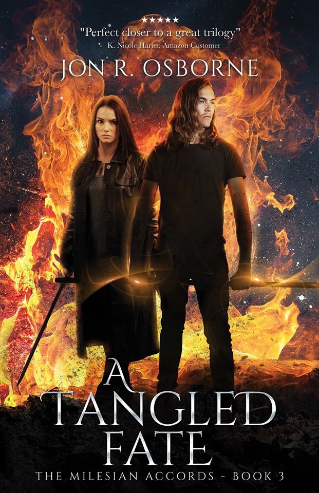 The image features the cover of "A Tangled Fate" by Jon R. Osborne, with two characters against a fiery background.