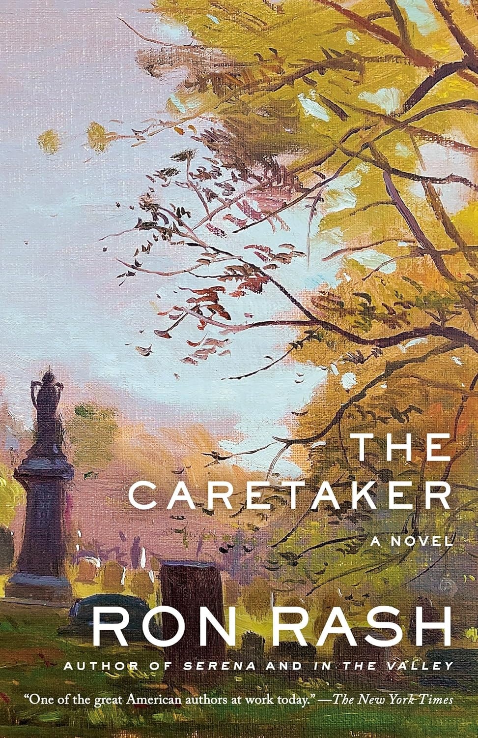 Cover of "The Caretaker" by Ron Rash, featuring a cemetery scene with autumn trees and a statue.
