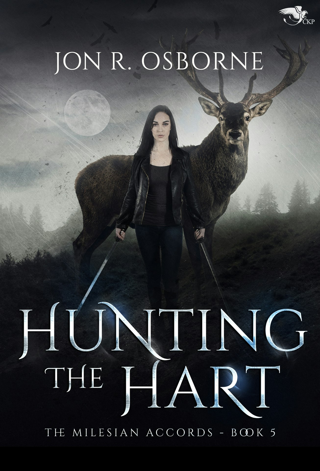The image features a book cover titled "Hunting the Hart" by Jon R. Osborne, showcasing a woman with swords and a deer in a mystical setting.